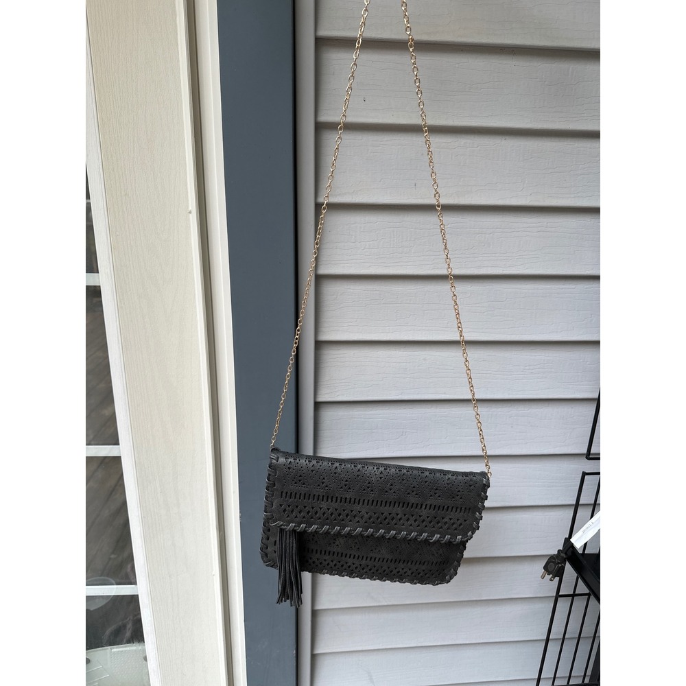 I‎ AM FOREVER Laser Cut Crossbody Bag Black Tassel Gold Chain Strap Boho Clutch